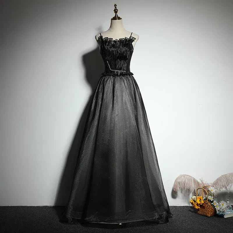 Glamorous Tulle-Satin Long Evening Dress Black Spaghetti-Strap Party Gown for Women