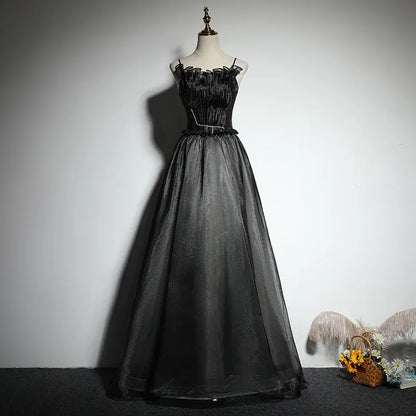 Glamorous Tulle-Satin Long Evening Dress Black Spaghetti-Strap Party Gown for Women