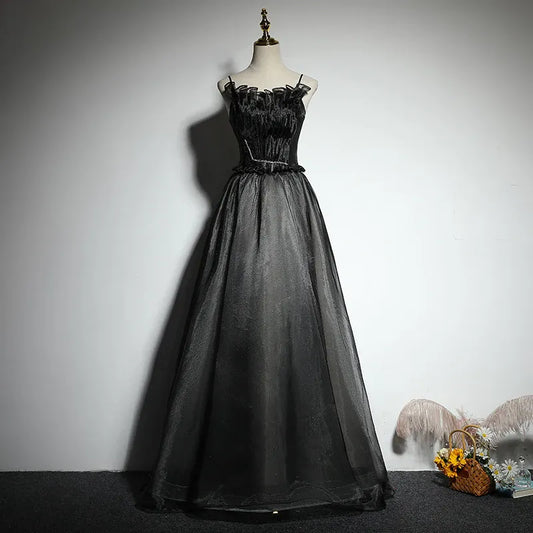 Glamorous Tulle-Satin Long Evening Dress Black Spaghetti-Strap Party Gown for Women