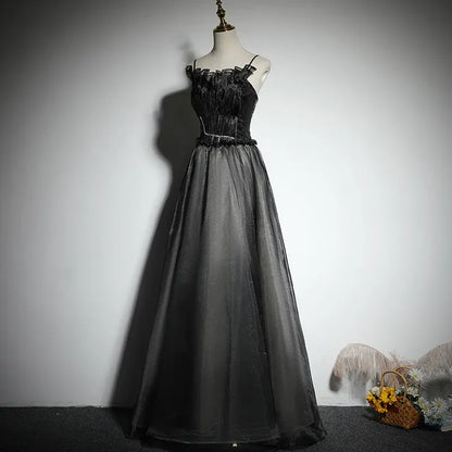 Glamorous Tulle-Satin Long Evening Dress Black Spaghetti-Strap Party Gown for Women