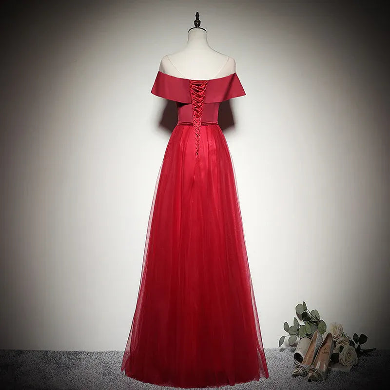 Glamorous Tulle Long Evening Dress Burgundy Off-Shoulder Sleeveless for Women