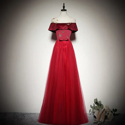 Glamorous Tulle Long Evening Dress Burgundy Off-Shoulder Sleeveless for Women