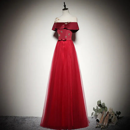 Glamorous Tulle Long Evening Dress Burgundy Off-Shoulder Sleeveless for Women