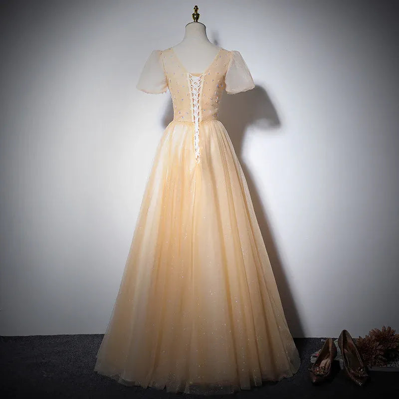 Glamorous Tulle Long Evening Dress Champagne V-Neck Puff Sleeve for Women