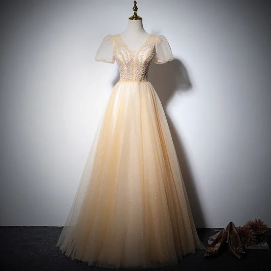 Glamorous Tulle Long Evening Dress Champagne V-Neck Puff Sleeve for Women