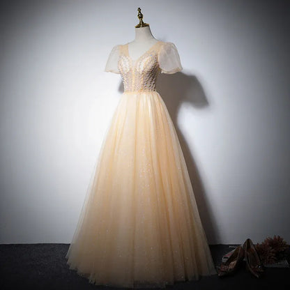 Glamorous Tulle Long Evening Dress Champagne V-Neck Puff Sleeve for Women