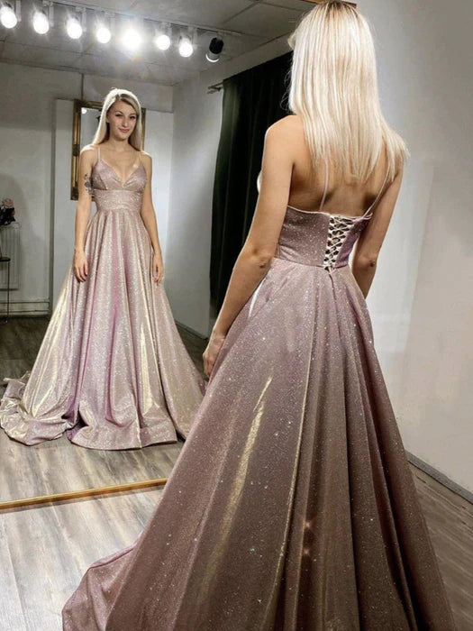 Glamorous V-Neck Spaghetti Strap Glitter Rose Gold Prom Dress