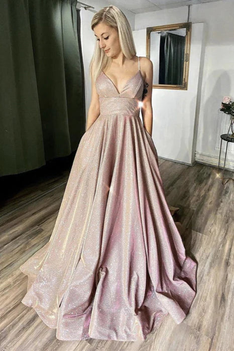 Glamorous V-Neck Spaghetti Strap Glitter Rose Gold Prom Dress