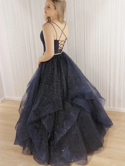 Glamorous V-Neck Spaghetti Strap Sequin Navy Floor-Length Prom Dress