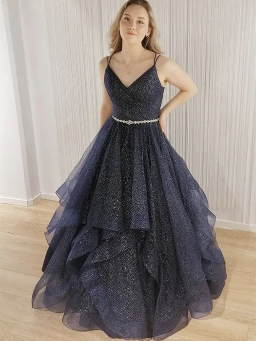 Glamorous V-Neck Spaghetti Strap Sequin Navy Floor-Length Prom Dress