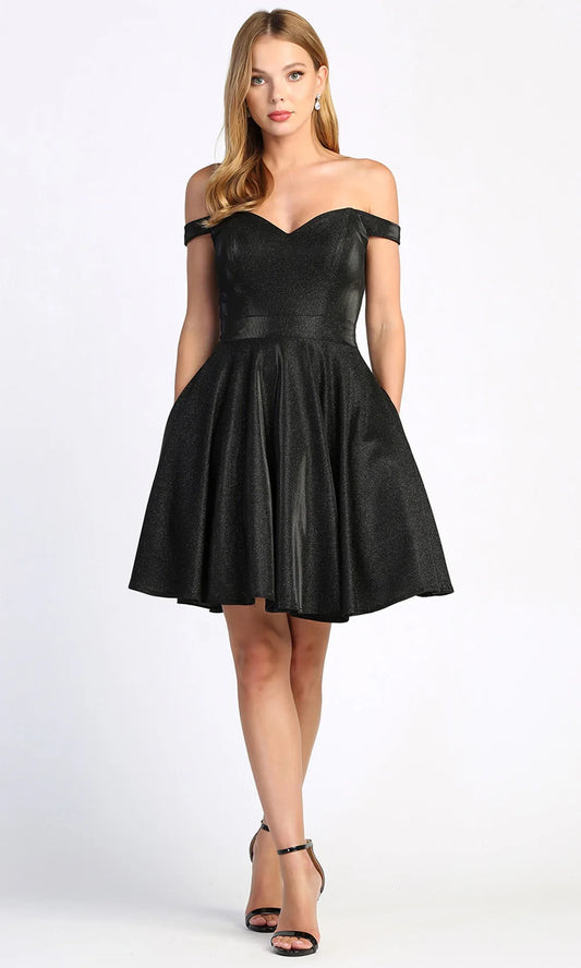 Glamorous A-Line Off-Shoulder Glittery Fit and Flare Black Mini Homecoming Dress