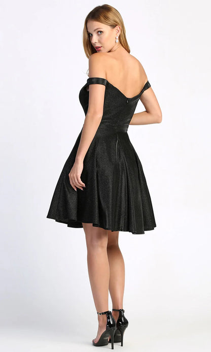 Glamorous A-Line Off-Shoulder Glittery Fit and Flare Black Mini Homecoming Dress