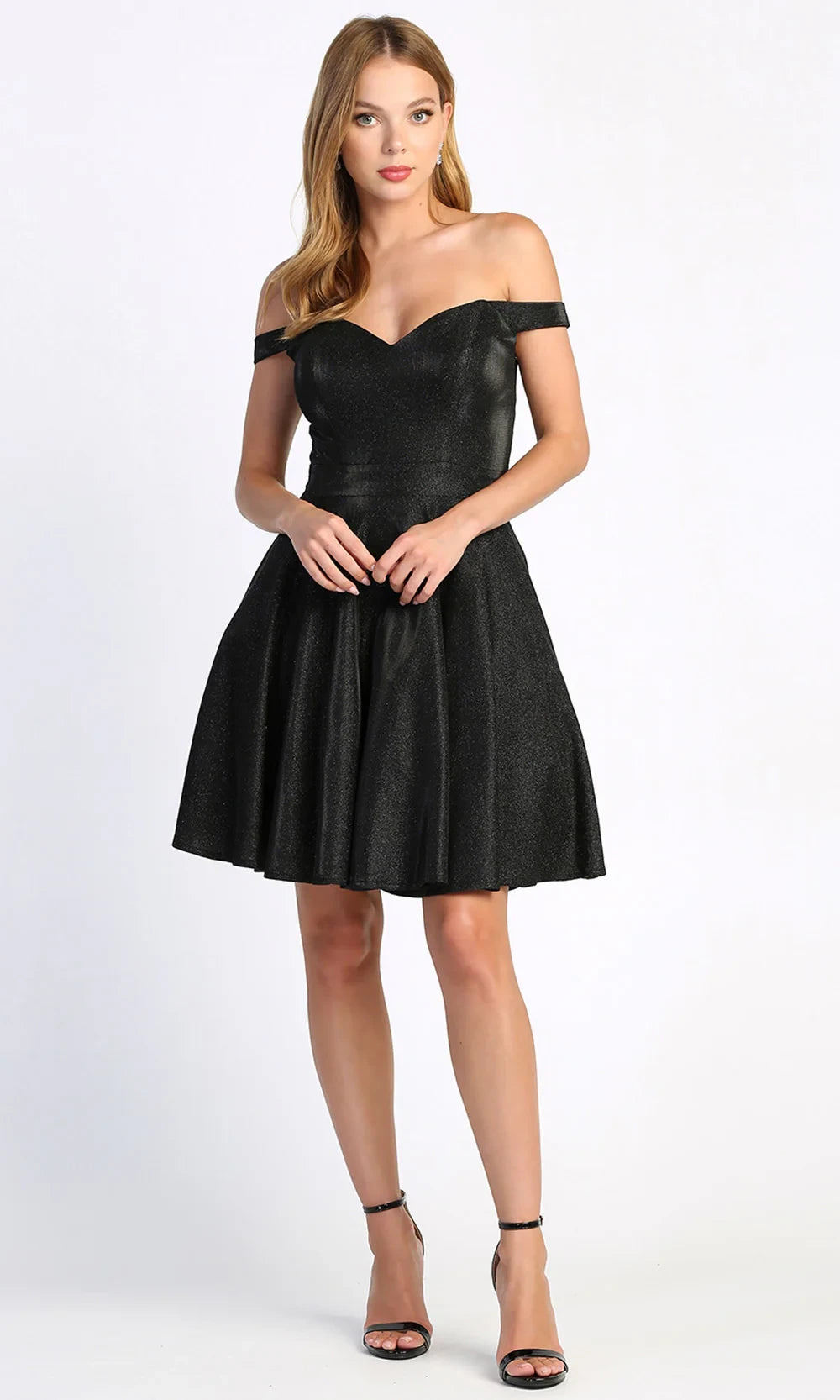 Glamorous A-Line Off-Shoulder Glittery Fit and Flare Black Mini Homecoming Dress