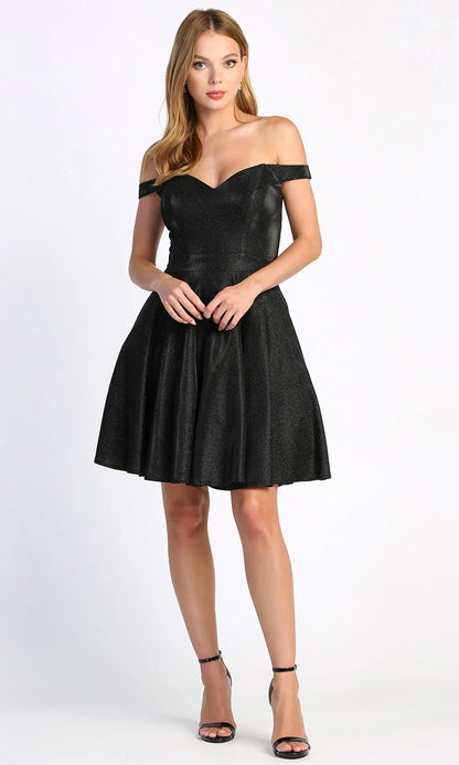 Glamorous A-Line Off-Shoulder Glittery Fit and Flare Black Mini Homecoming Dress