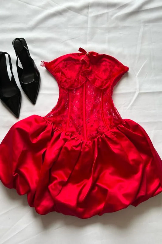 Glamorous A-Line Sweetheart Corset Bubble Skirt Lace Red Mini Homecoming Dresses