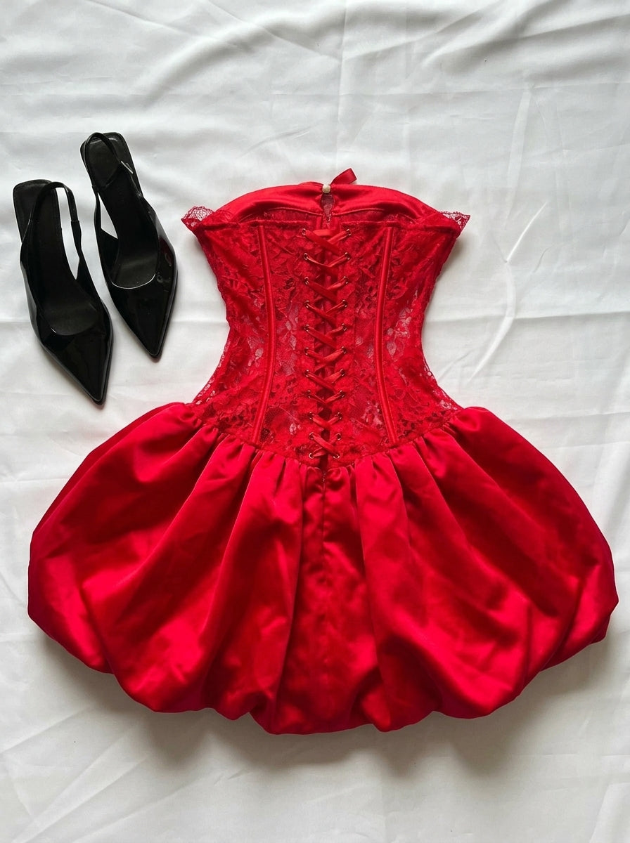 Glamorous A-Line Sweetheart Corset Bubble Skirt Lace Red Mini Homecoming Dresses