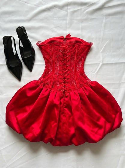 Glamorous A-Line Sweetheart Corset Bubble Skirt Lace Red Mini Homecoming Dresses