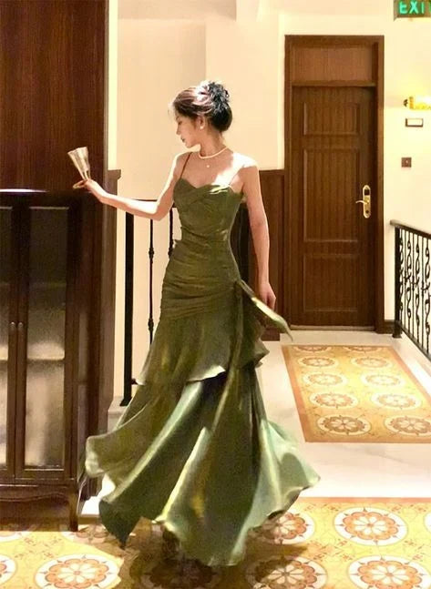 Glamorous A-Line Sweetheart Sleeveless Ruched Tiered Olive Green Floor-Length Evening Gown