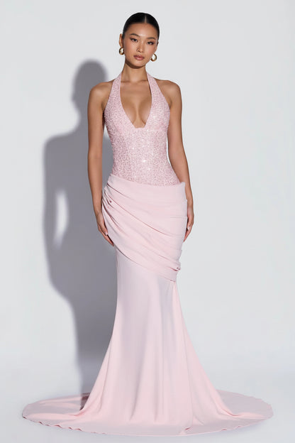 Glamorous Mermaid Halter Draped Sequin Blush Pink Floor-Length Prom Dress