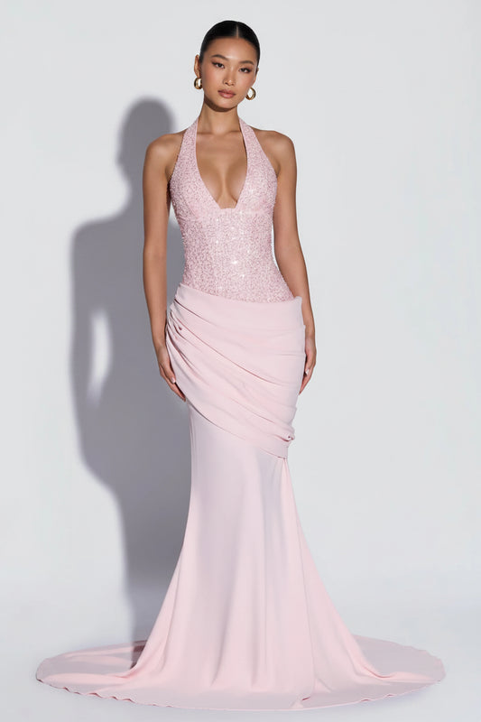Glamorous Mermaid Halter Draped Sequin Blush Pink Floor-Length Prom Dress