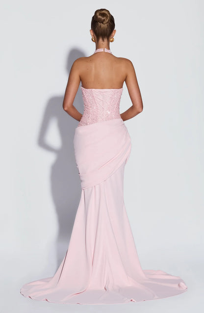 Glamorous Mermaid Halter Draped Sequin Blush Pink Floor-Length Prom Dress
