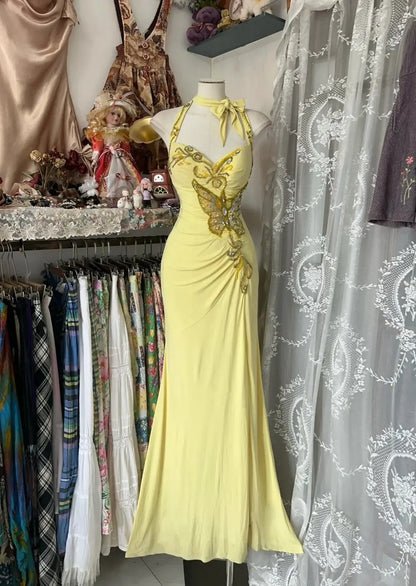 Glamorous Mermaid Halter Sleeveless Butterfly Embroidered Lace-Up Lemon Yellow Floor-Length Evening Gown