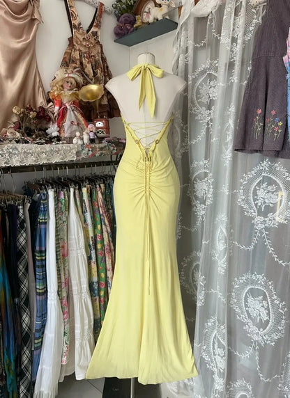 Glamorous Mermaid Halter Sleeveless Butterfly Embroidered Lace-Up Lemon Yellow Floor-Length Evening Gown