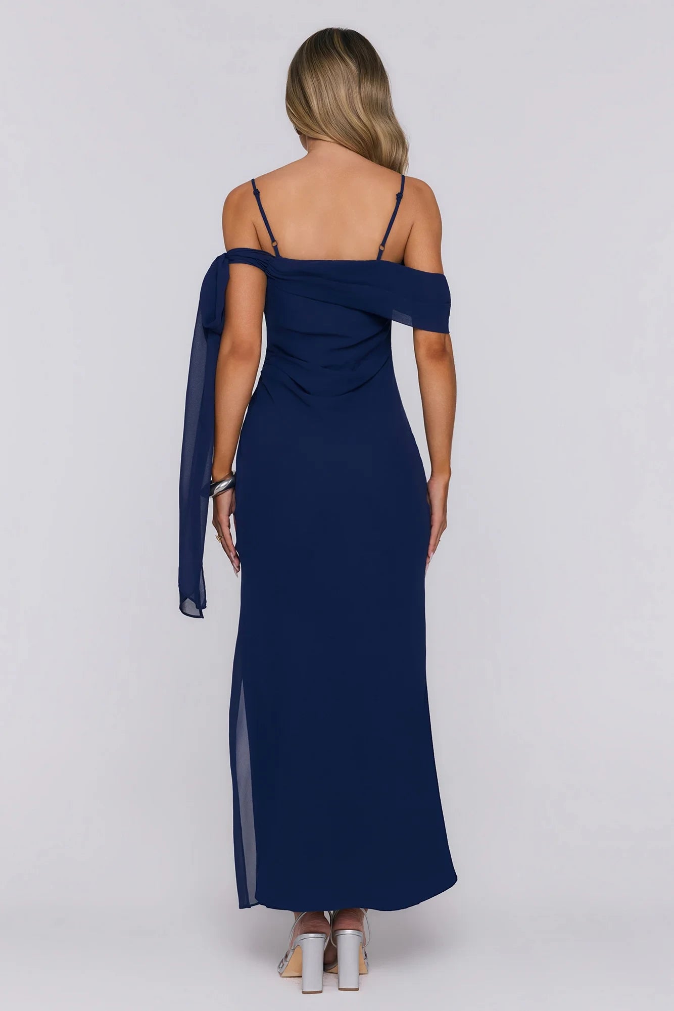 Glamorous Sheath Off-Shoulder Spaghetti Strap High Slit Navy Blue Floor-Length Prom Dress