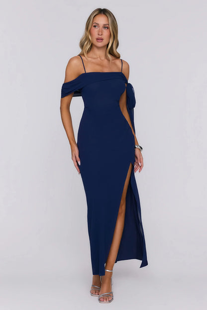 Glamorous Sheath Off-Shoulder Spaghetti Strap High Slit Navy Blue Floor-Length Prom Dress