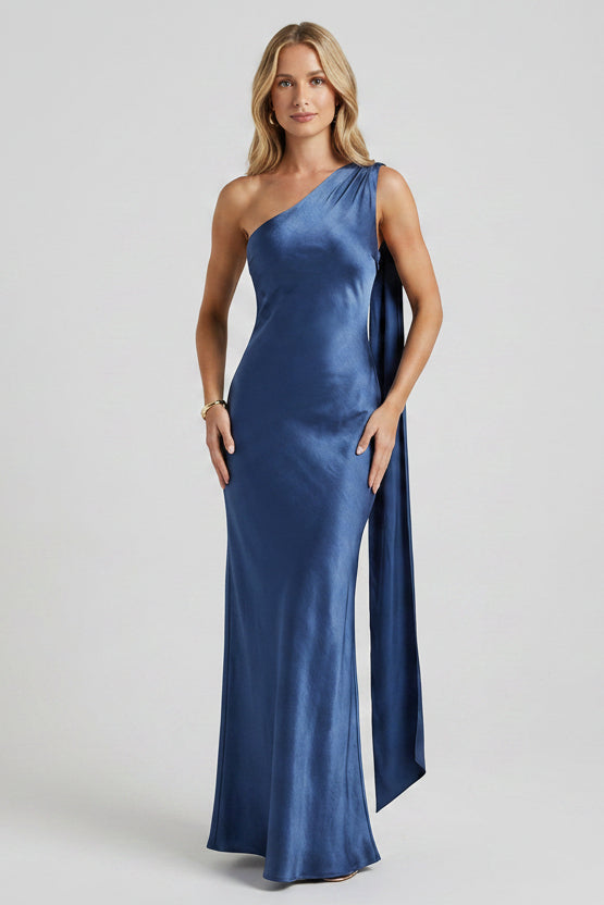 Glamorous Sheath One-Shoulder Draped Satin Navy Floor-Length Prom Dress