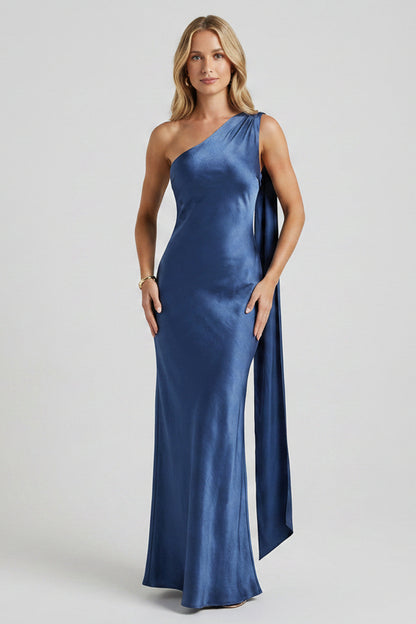 Glamorous Sheath One-Shoulder Draped Satin Navy Floor-Length Prom Dress