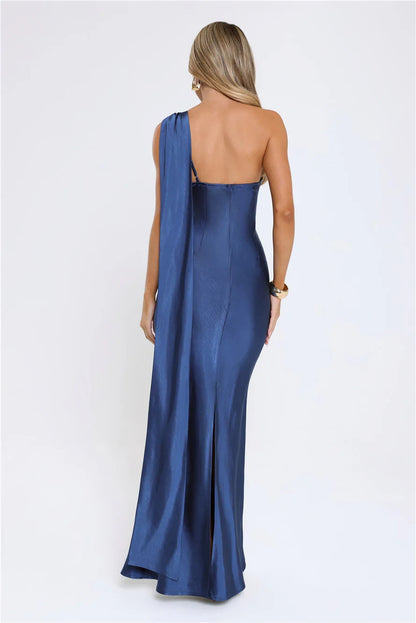 Glamorous Sheath One-Shoulder Draped Satin Navy Floor-Length Prom Dress