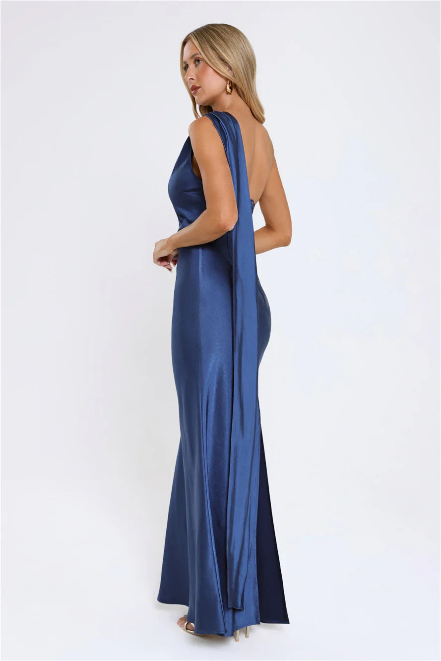 Glamorous Sheath One-Shoulder Draped Satin Navy Floor-Length Prom Dress