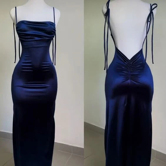 Glamorous Sheath Strapless Sleeveless Ruched Backless Navy Floor-Length Evening Gown