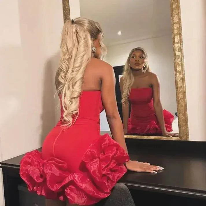 Glamorous Strapless Ruffle Hem Bodycon Mini Party Dress Homecoming Dress