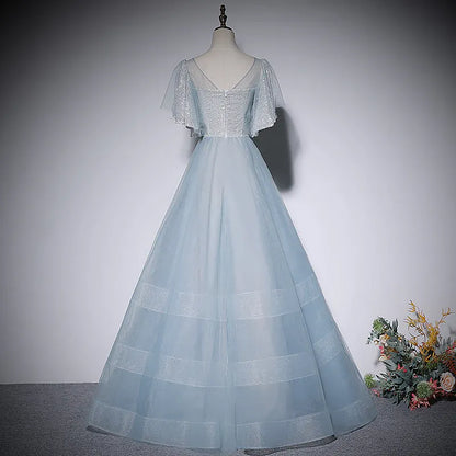 Glimmering Tulle Long Evening Dress Light Blue V-Neck Cape Sleeve for Women