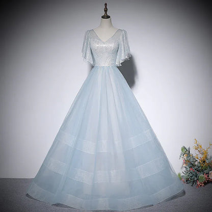 Glimmering Tulle Long Evening Dress Light Blue V-Neck Cape Sleeve for Women