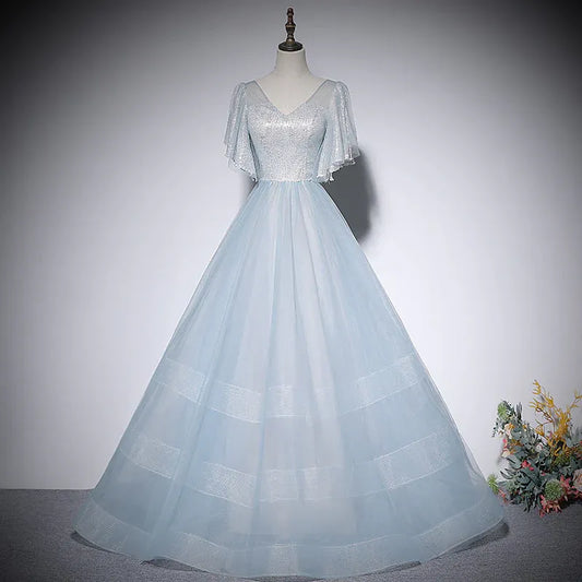 Glimmering Tulle Long Evening Dress Light Blue V-Neck Cape Sleeve for Women