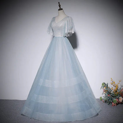 Glimmering Tulle Long Evening Dress Light Blue V-Neck Cape Sleeve for Women