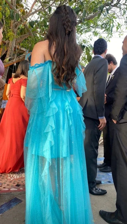 Glimmering Tulle Maxi Evening Dress Turquoise Off-Shoulder Ruffle for Women