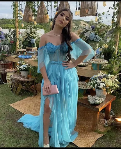 Glimmering Tulle Maxi Evening Dress Turquoise Off-Shoulder Ruffle for Women