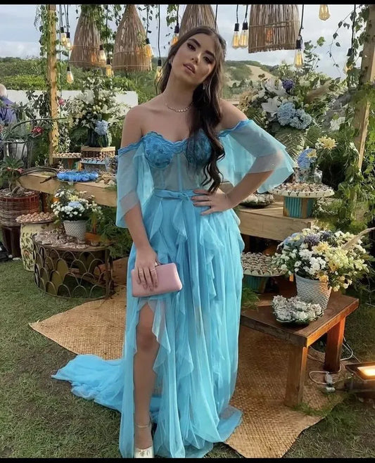 Glimmering Tulle Maxi Evening Dress Turquoise Off-Shoulder Ruffle for Women