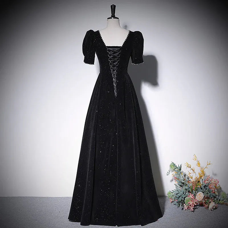 Glimmering Velvet Long Evening Dress Black Square Neck Puff Sleeve for Women