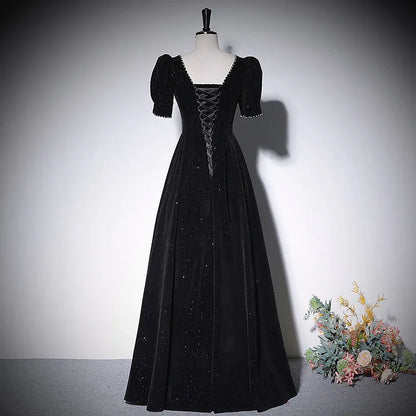 Glimmering Velvet Long Evening Dress Black Square Neck Puff Sleeve for Women
