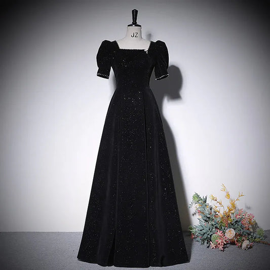 Glimmering Velvet Long Evening Dress Black Square Neck Puff Sleeve for Women