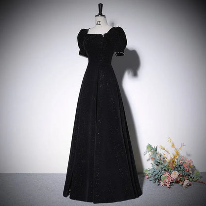Glimmering Velvet Long Evening Dress Black Square Neck Puff Sleeve for Women