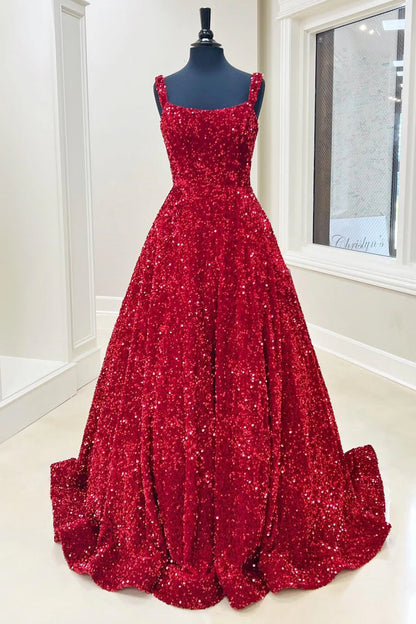 Glitter A-Line Square Neck Sleeveless Backless Sweep/Brush Train Prom Dress