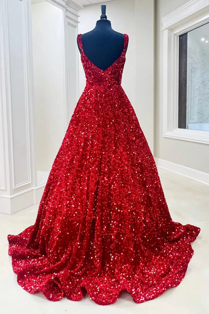 Glitter A-Line Square Neck Sleeveless Backless Sweep/Brush Train Prom Dress