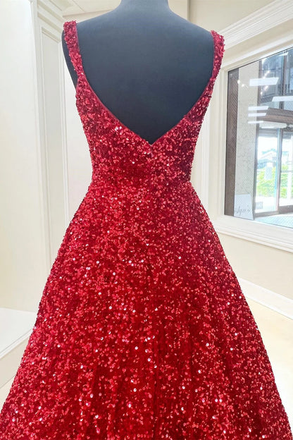 Glitter A-Line Square Neck Sleeveless Backless Sweep/Brush Train Prom Dress