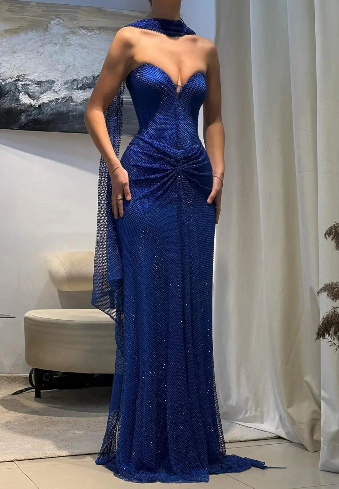 Glitter Mermaid Strapless Sleeveless Lace Up Floor-Length Evening Dress